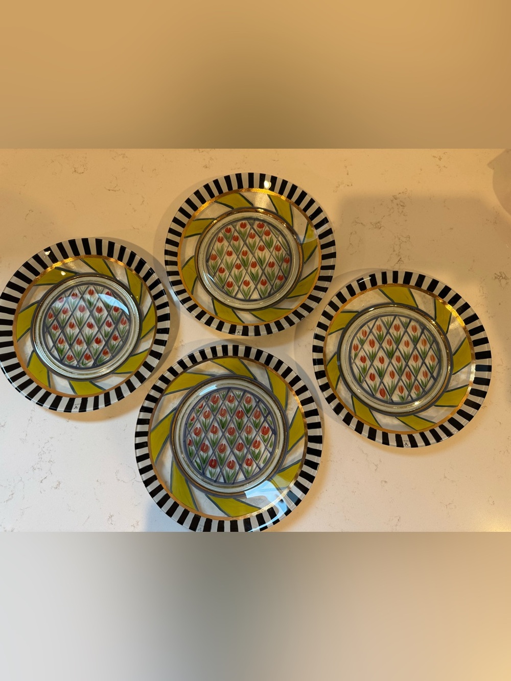 Vintage MacKenzie-Childs Hand Painted Glass Plates Set of 4 Tulip Stripe